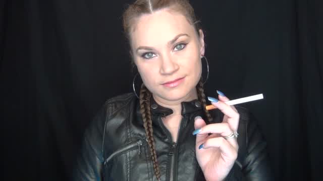 Goddess Smoking And Teasing In Leather Jacket Braids video from