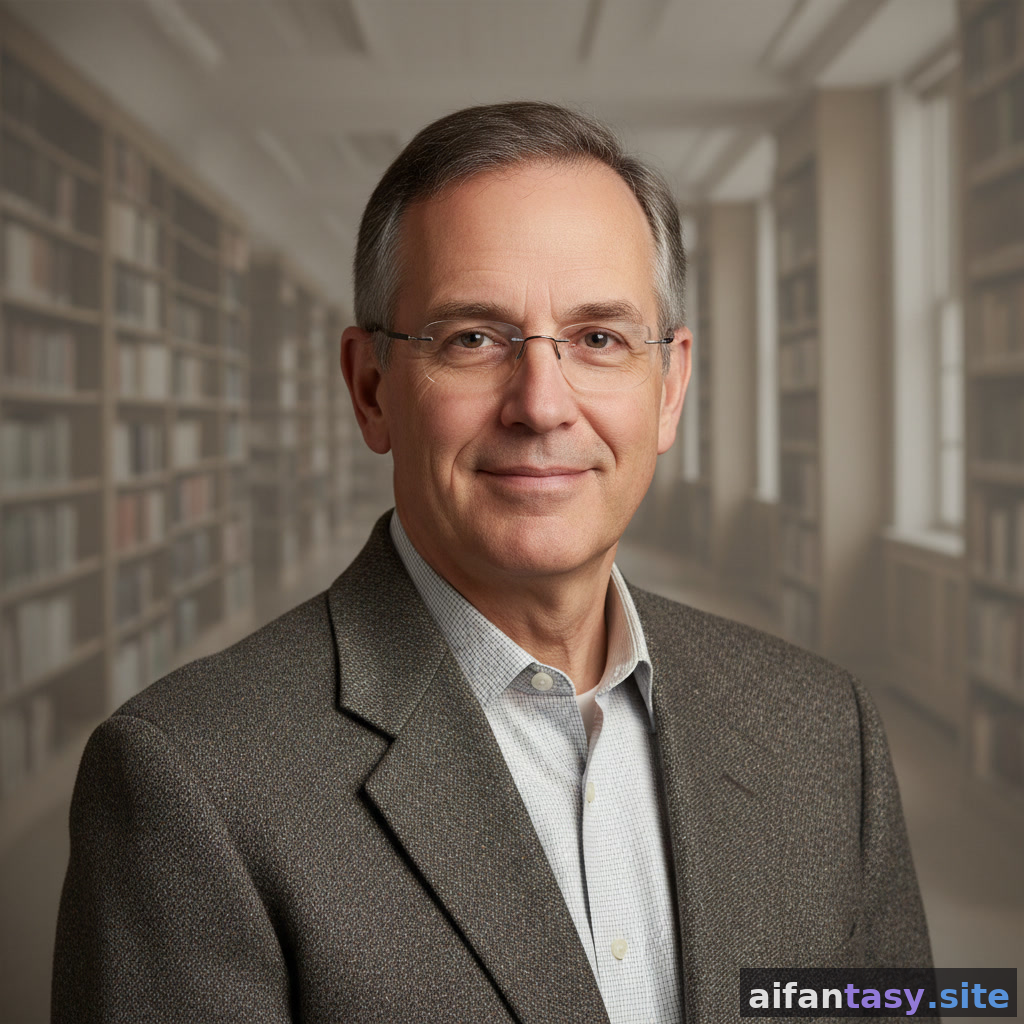 Scholarly academic AI portrait of a professor — university library background, glasses, AI-generated faculty headshot from AI Fantasy