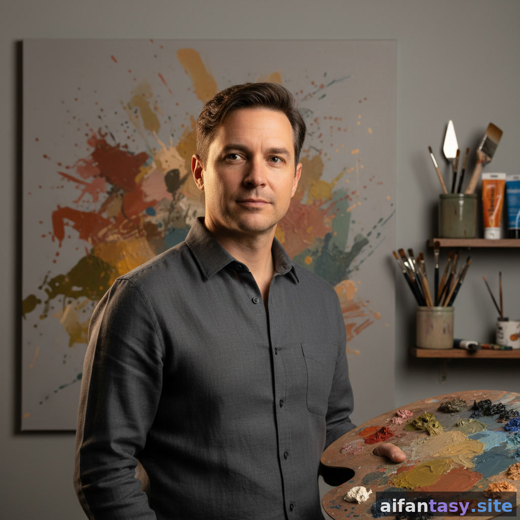 Artist self-portrait AI — paint-stained creative, art studio background, AI-generated artist headshot from AI Fantasy