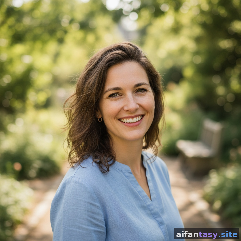 Warm approachable AI dating-profile portrait — natural smile, soft outdoor lighting, tasteful AI headshot from AI Fantasy