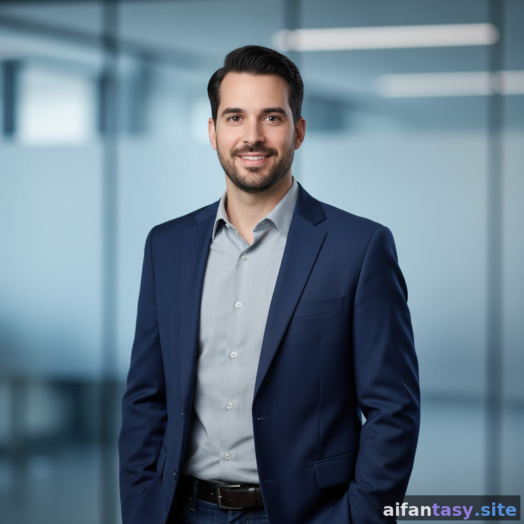 Tech founder AI portrait — casual t-shirt, modern office background, AI-generated startup founder headshot from AI Fantasy