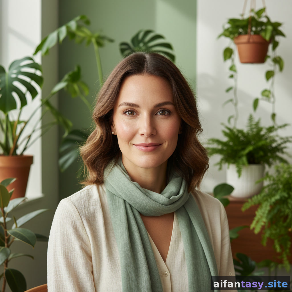 Wellness coach AI portrait — calm approachable, plants in background, AI-generated wellness headshot from AI Fantasy