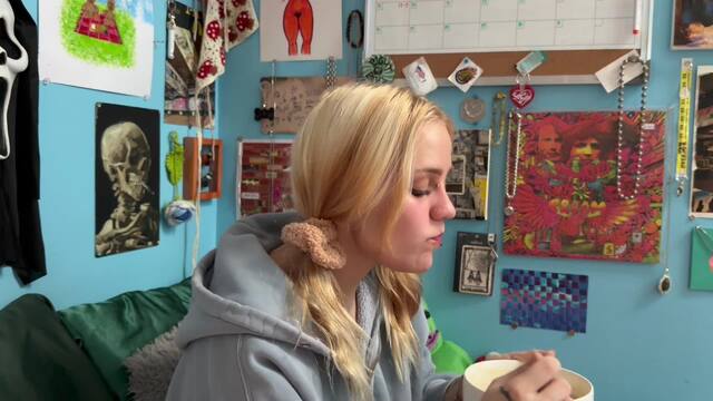 cozy cutie eats soup in bed video from Cece Chameleon